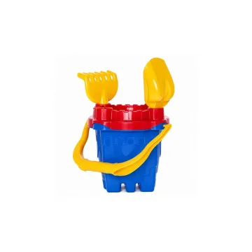 Smėlio žaidimų rinkinys: pilis, kibirėlis, sietelis, kastuvėlis, grėblys (4 vnt.)