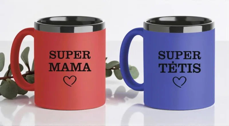 Dovanų rinkinys su graviruotais puodeliais „Super mama ir Super tėtis“