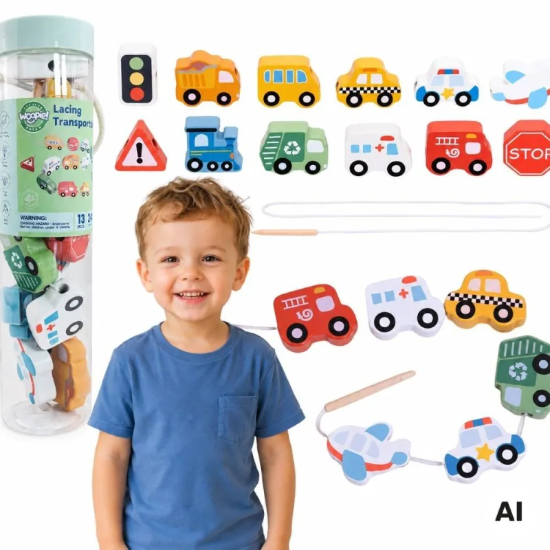 Medinis vėrimo rinkinys Transport WOOPIE GREEN (13 vnt.) · 1