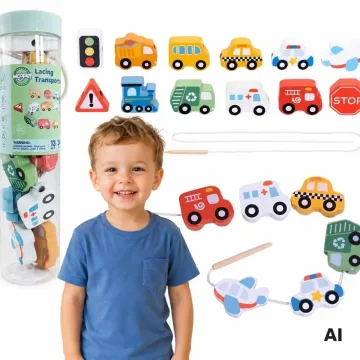 Medinis vėrimo rinkinys Transport WOOPIE GREEN (13 vnt.)