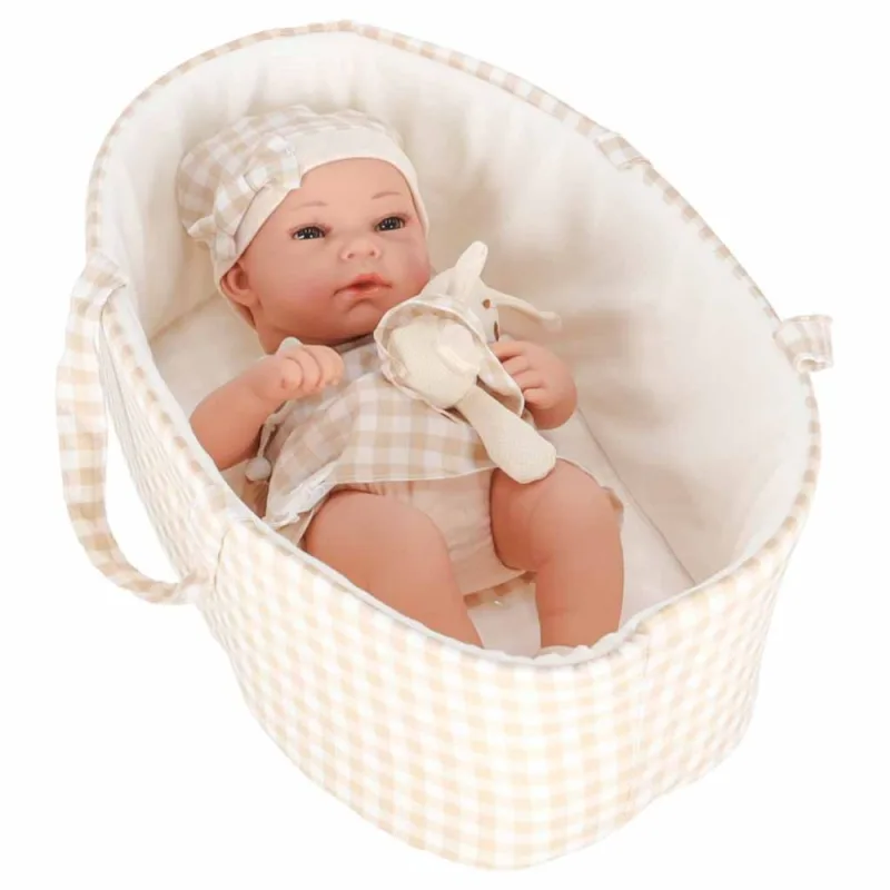 Lėlė kūdikis su nešiokle ir priedais, 38 cm, balta/smėlio sp. · 2