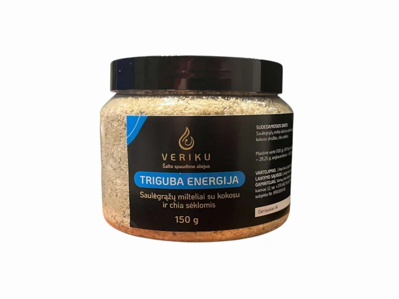 „Triguba energija” saulėgrąžų milteliai su kokoso drožlėmis ir chia sėklomis 150g