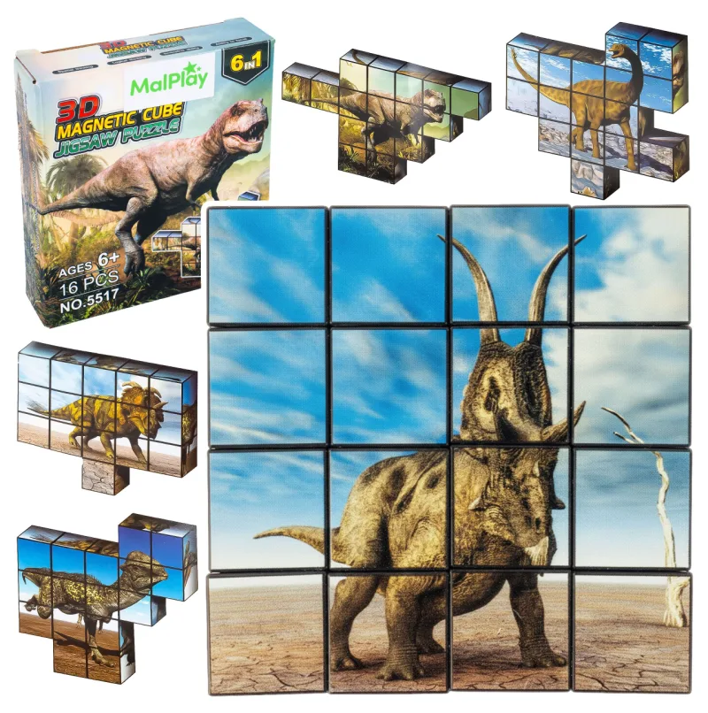 Magnetinių kaladėlių 3D dėlionė Dinozaurai, 16 vnt. · 1