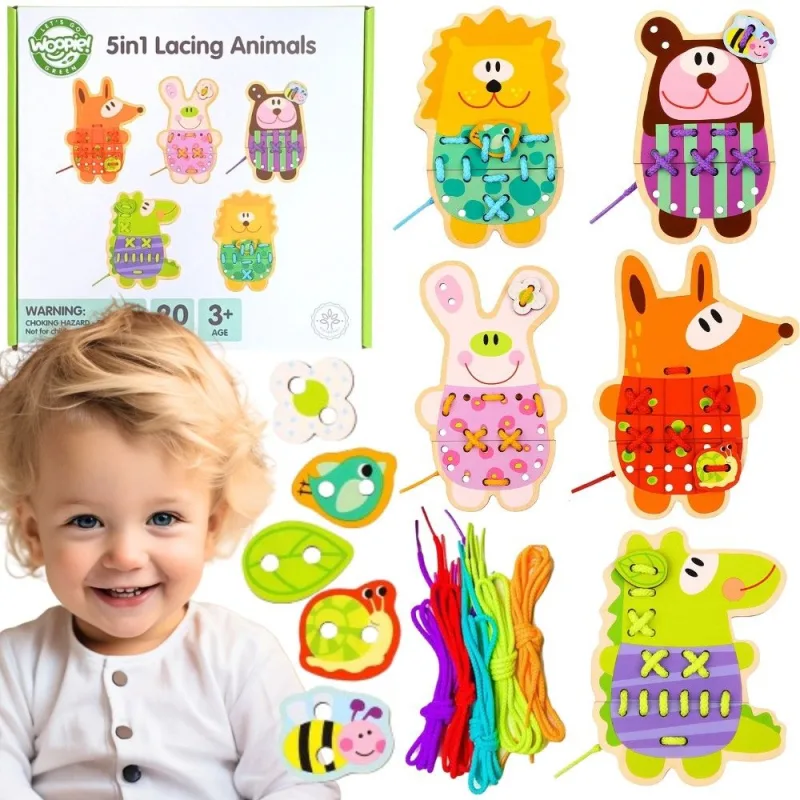 Edukacinis siūlų vėrimo rinkinys WOOPIE GREEN gyvūnėliai Wooden Lace 5-in-1 · 1