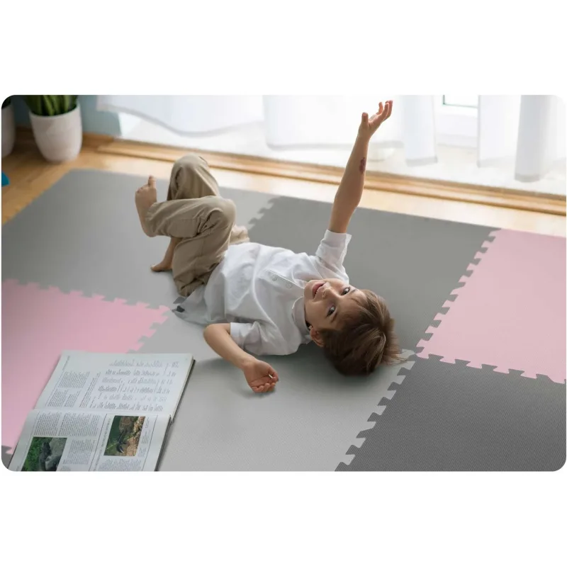 Didelis putplasčio dėlionės kilimėlis, pilkai rožinės spalvos, Ricokids, 180x180cm, 9 vnt. · 2