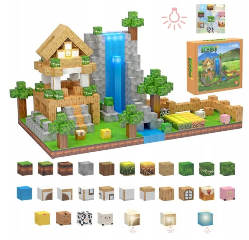 Magnetiniai minecraft šviečiantys pikselių kubeliai – 138 el. + LED + figūrėlė · 1
