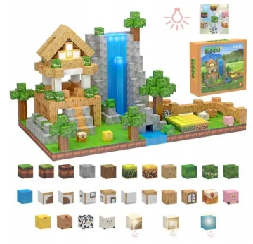Magnetiniai minecraft šviečiantys pikselių kubeliai – 138 el. + LED + figūrėlė