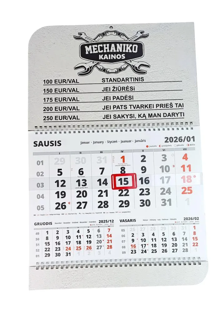 Sieninis kalendorius su spauda „Mechaniko kainos“