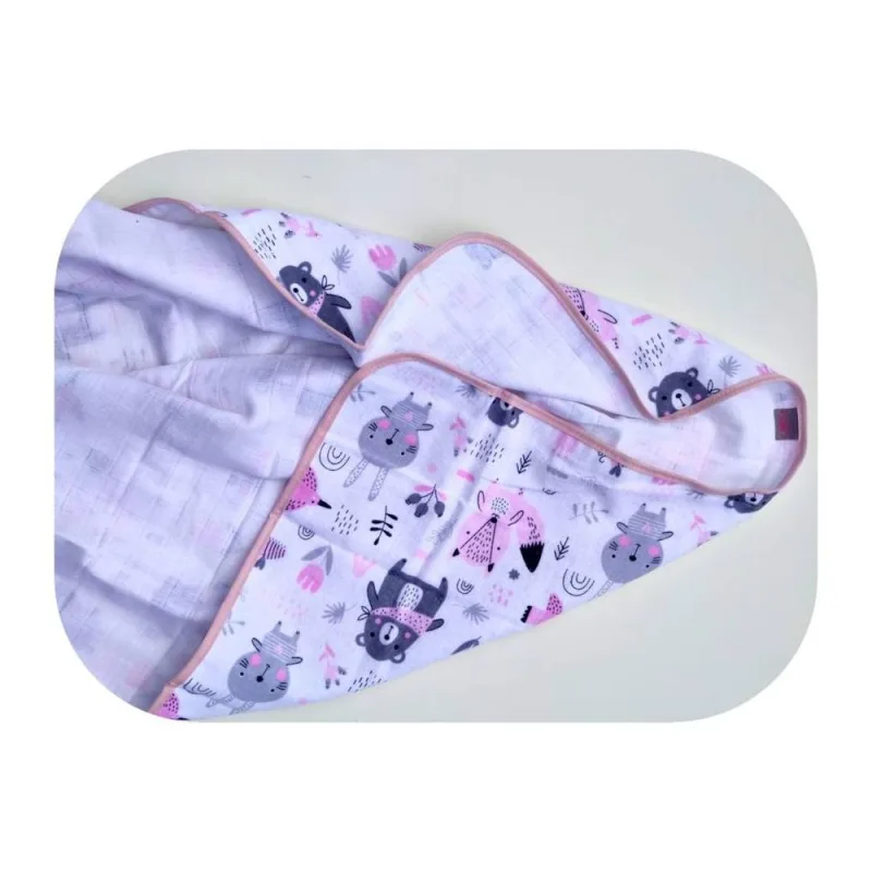 Pervystymo antklodė / Diper -20627 - dvigubas sluoksnis - FLANEL / TETRA - EGA - FOREST ANIMALS - PINK - dydis 80x80 cm · 2