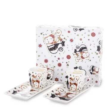 Espreso puodeliai su lėkštutėmis — Puodelis 5,5x7,5x5,5 cm, lėkštutė 1,5x17x8,5 cm 80ml.