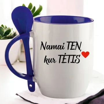 Puodelis su šaukšteliu „Namai TEN, kur TĖTIS“