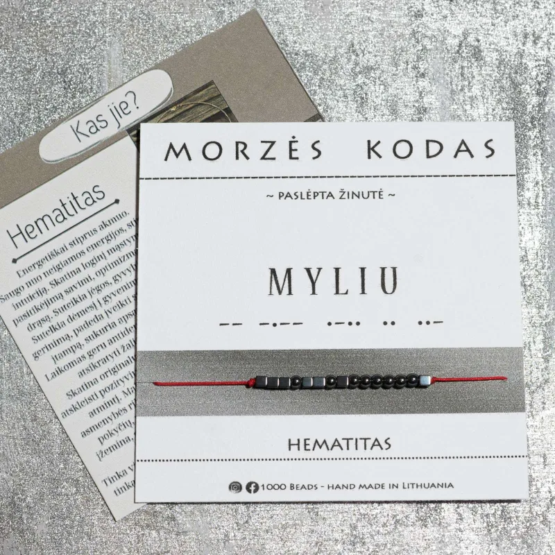 Juodo / raudono siūlo apyrankė Morzės abėcėle „Myliu“, juoda blizgi.