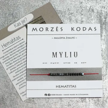 Juodo / raudono siūlo apyrankė Morzės abėcėle „Myliu“, juoda blizgi.