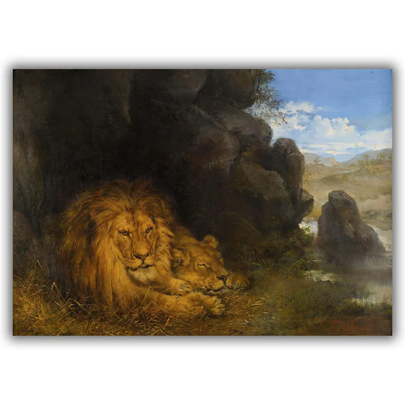 Reprodukcija „Du liūtai urve“, Wilhelm Kuhnert (1890)
