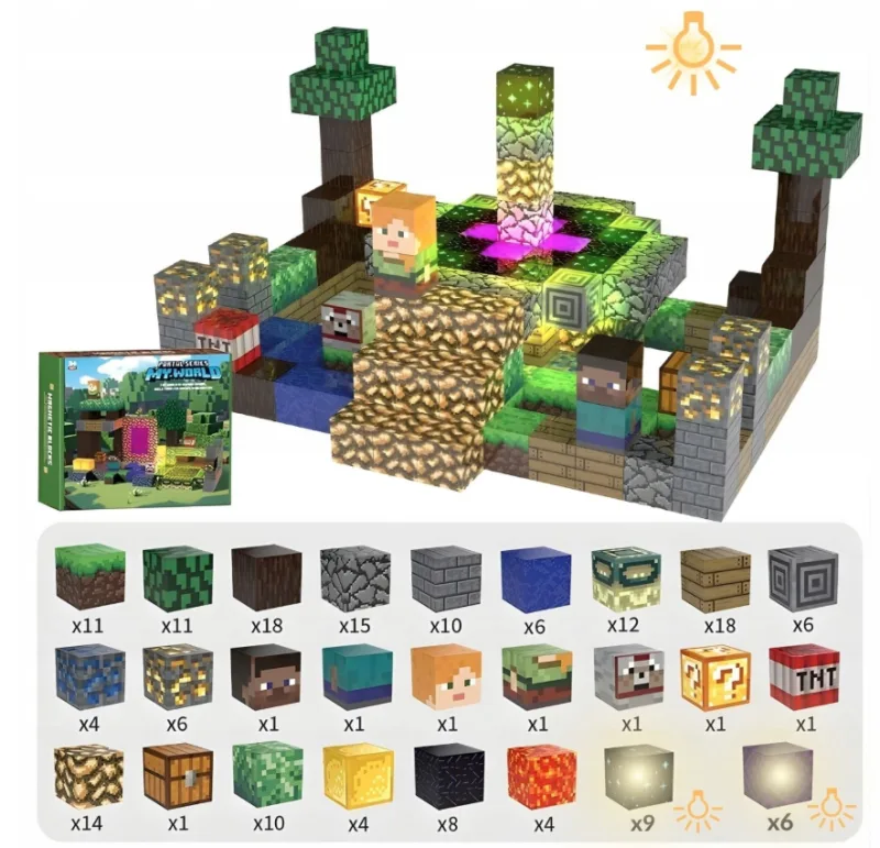 Šviečiančios minecraft magnetinės kaladėlės „Pixel“ – 180 dalių konstruktorius su LED elementais. · 1