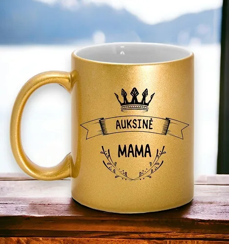 Aukso spalvos puodelis su blizgučiu „Auksinė mama“