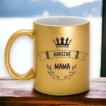 Aukso spalvos puodelis su blizgučiu „Auksinė mama“