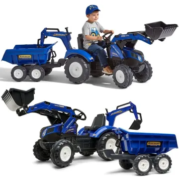Pedalinis traktorius FALK New Holland T8 su ekskavatoriumi ir priekaba, 3–7 m., mėlynas
