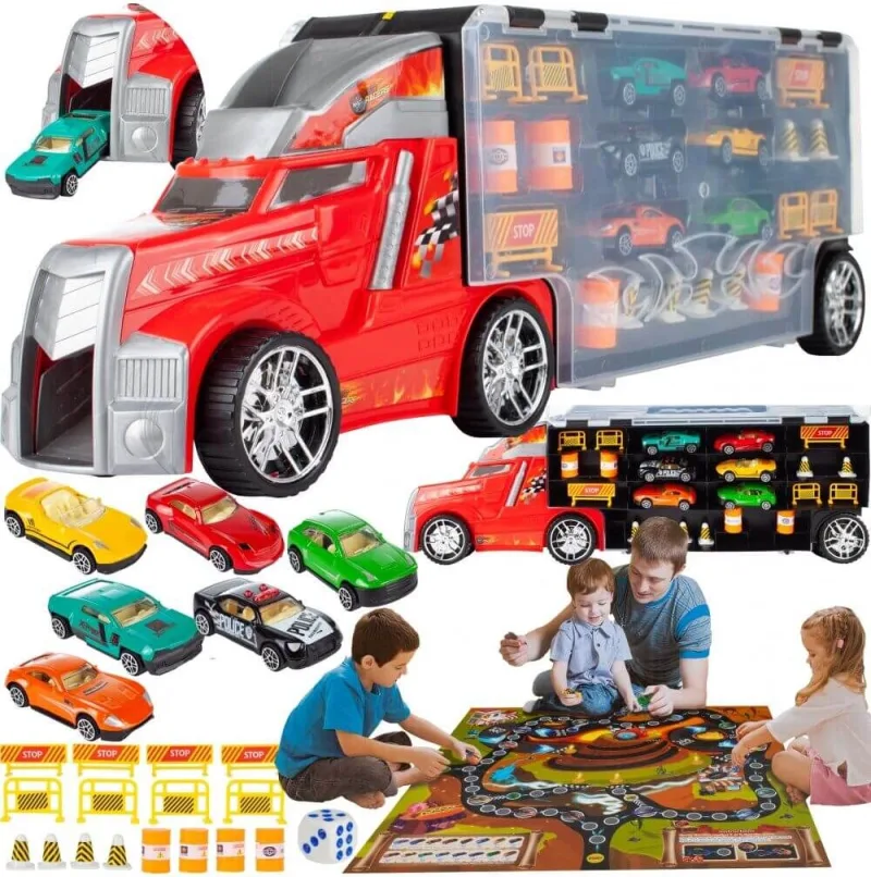 Žaislinis sunkvežimis su 6 automobiliais ir stalo žaidimo kilimėliu