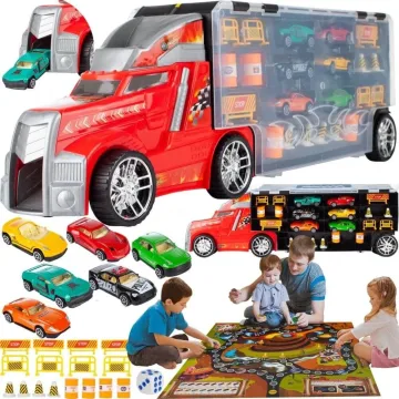 Žaislinis sunkvežimis su 6 automobiliais ir stalo žaidimo kilimėliu