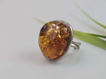 Konjakinis Gintarinis žiedas Amber ring didelis žiedas su gintaru ir sidabru