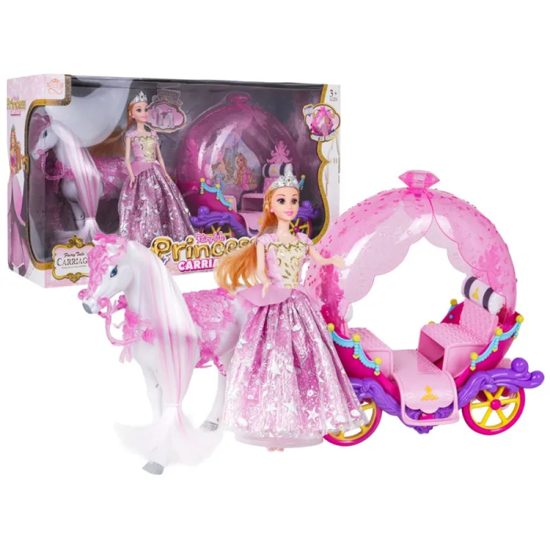 Rožinė karieta su baltu žirgu + princesės lėlė · 1