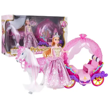 Rožinė karieta su baltu žirgu + princesės lėlė