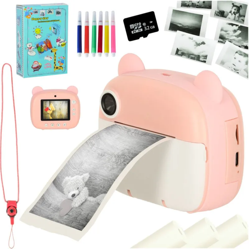 Momentinis fotoaparatas terminis spausdintuvas + kasetės kortelė 32GB rožinis meškiukas · 1