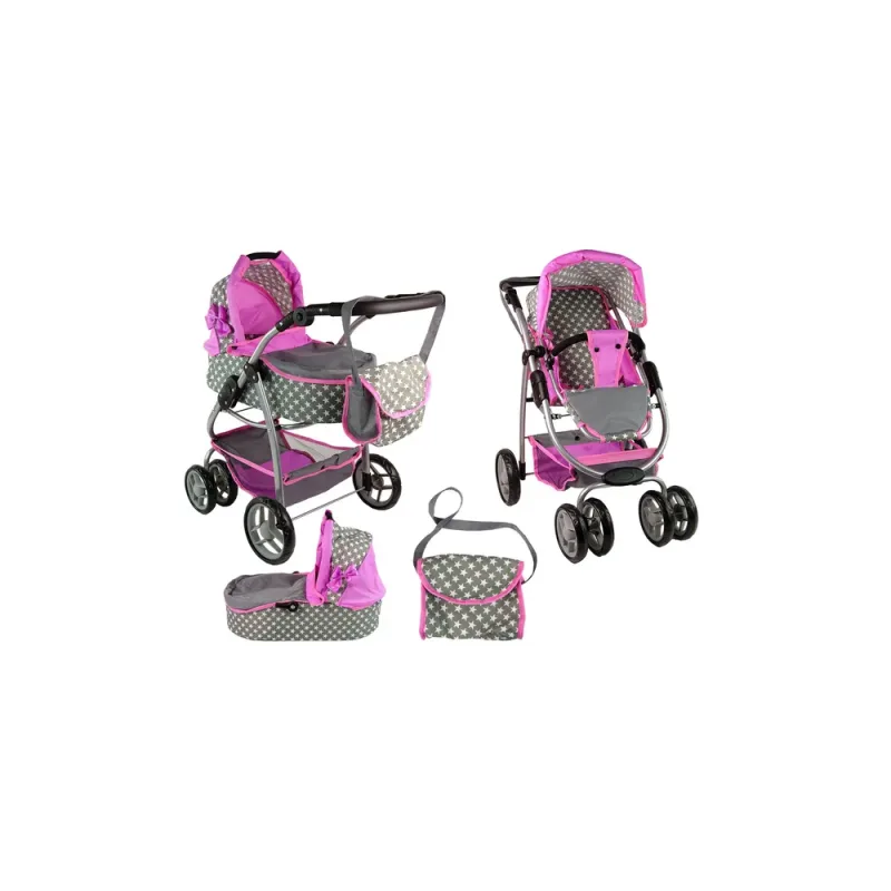 Kūdikių lėlių vežimėlis "2-in-1" krepšys su dėže Pink Stars · 2
