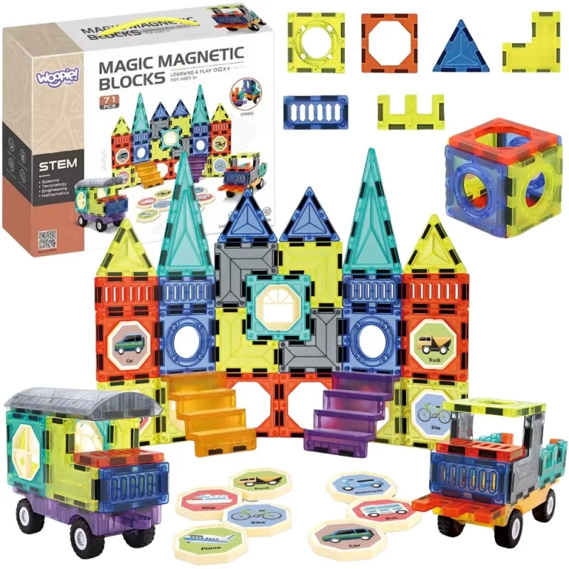 Magnetinis konstruktorius WOOPIE 3D rinkinys Pilis ir transporto priemonės, 71 el. · 1