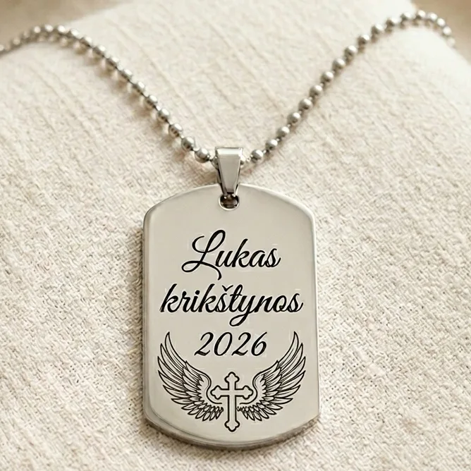 Graviruotas pakabukas krikšto sūnui – su vaiko vardu ir krikšto data, nerūdijantis plienas 316L