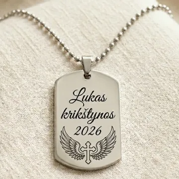 Graviruotas pakabukas krikšto sūnui – su vaiko vardu ir krikšto data, nerūdijantis plienas 316L