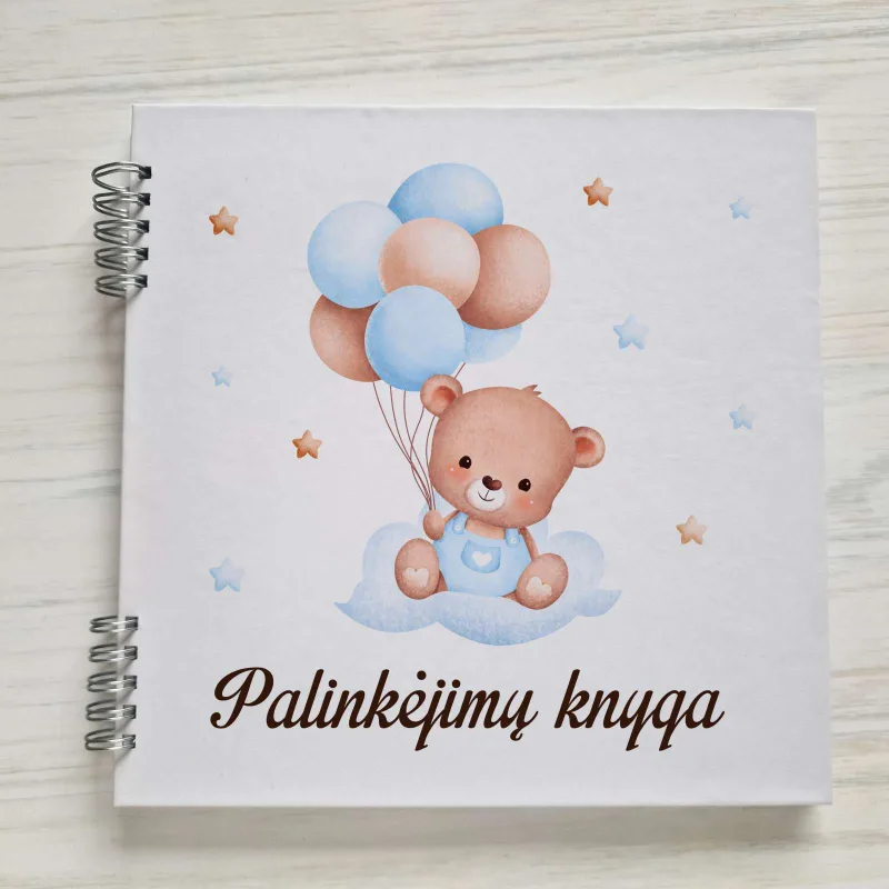 Berniuko krikštynų palinkėjimų knyga „Meškiukas“ baltais lapais