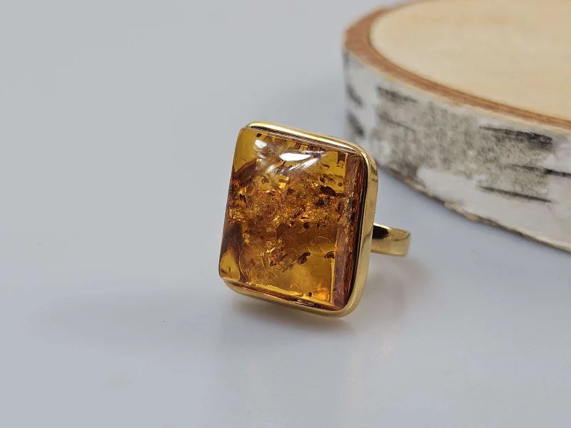Gintarinis žiedas Amber ring didelis žiedas su gintaru ir auksu