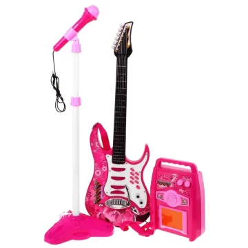 Gitara su priedais vaikams nuo 6 metų. Rožinis muzikos rinkinys: stiprintuvas + mikrofonas