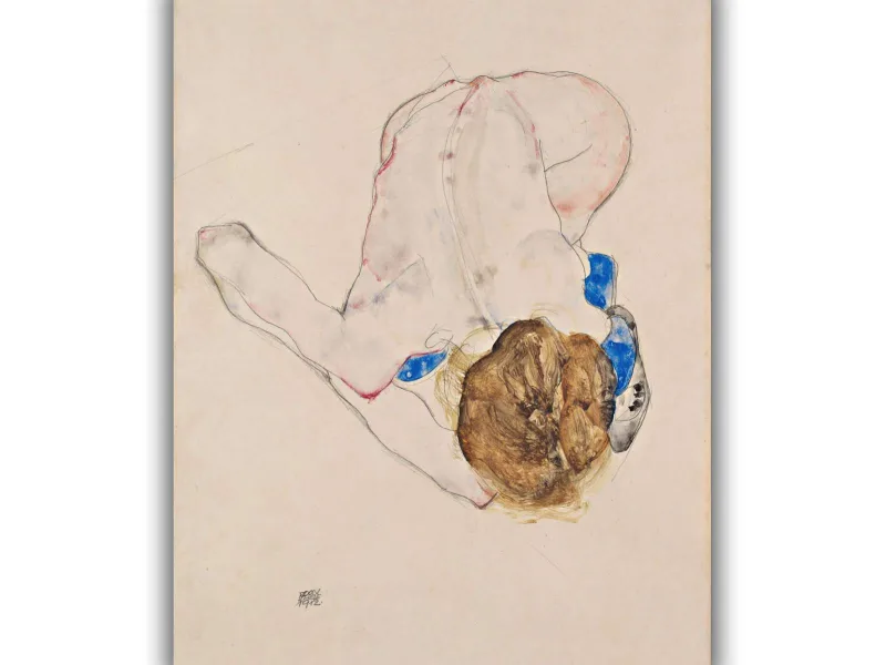 Reprodukcija „Pasilenkusi nuoga moteris mėlynomis kojinėmis“, Egon Schiele