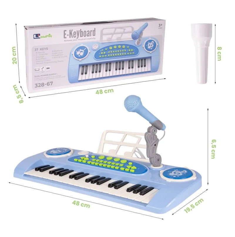Vaikiškas pianinas su mikrofonu, 37 klavišai, mėlynas, MP3 · 2