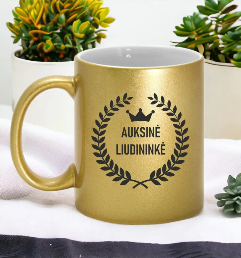 Aukso spalvos puodelis su blizgučiu „Auksinė Liudininkė“