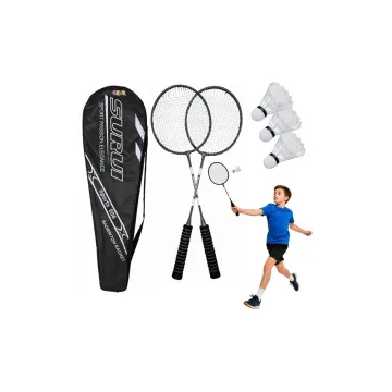 Badmintono žaidimo rinkinys: raketės, 3 kamuoliukai, dėklas, juodos spalvos