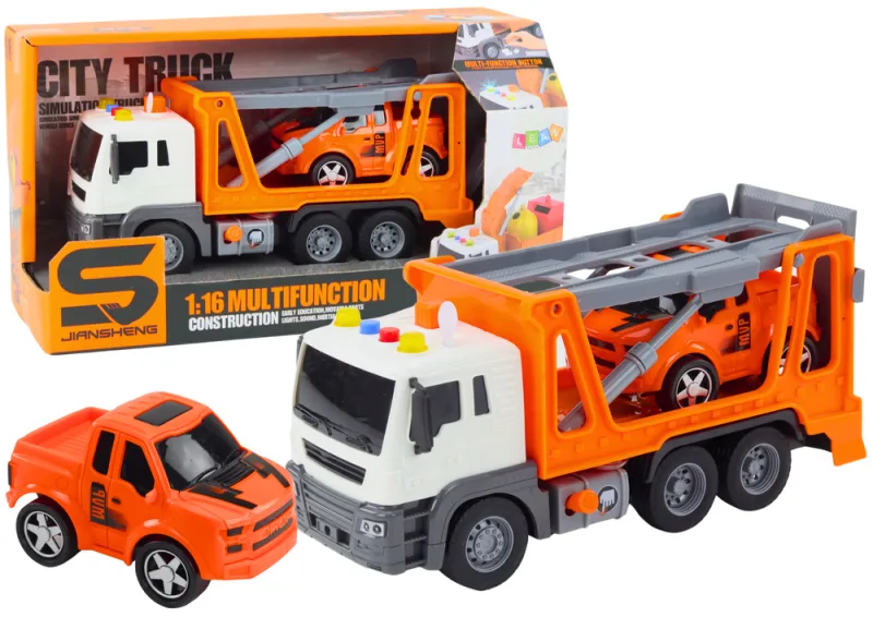 Oranžinis tralas su automobiliu 1:16 · 1