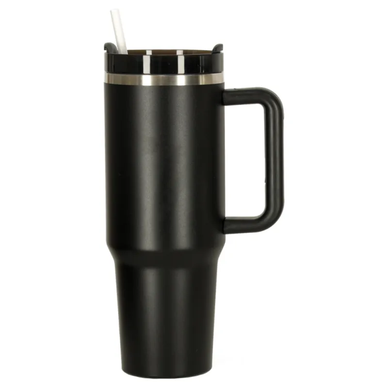 Termo puodelis su šiaudeliu ir rankenėle 1200ml juodas · 2