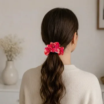 Rožinė plaukų gumytė su gėlėmis
