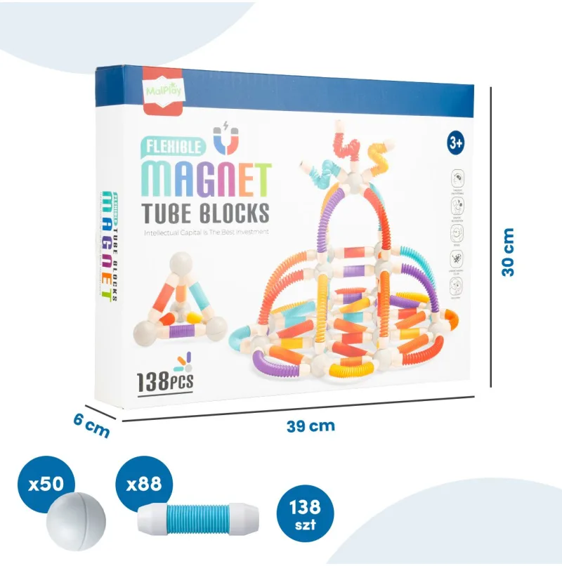 Magnetinis vamzdelių konstruktorius, 138 dalys, lanksti 3D konstrukcija · 2