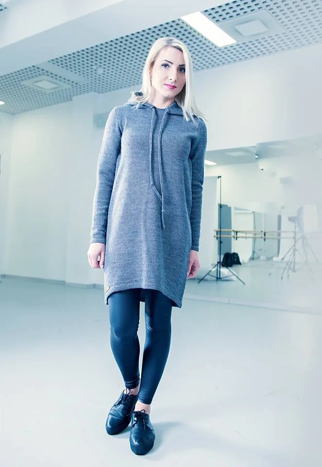 megzta merino vilnos suknelė su kapišonu, pilka suknelė rudeniui