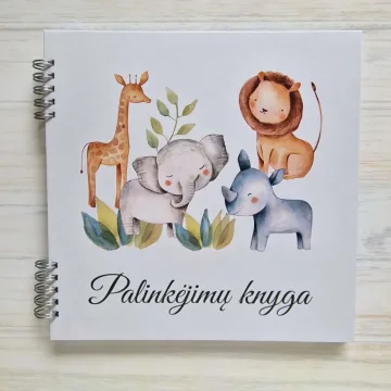 Krikštynų palinkėjimų knyga su anketomis „Džiunglių gyvūnai“