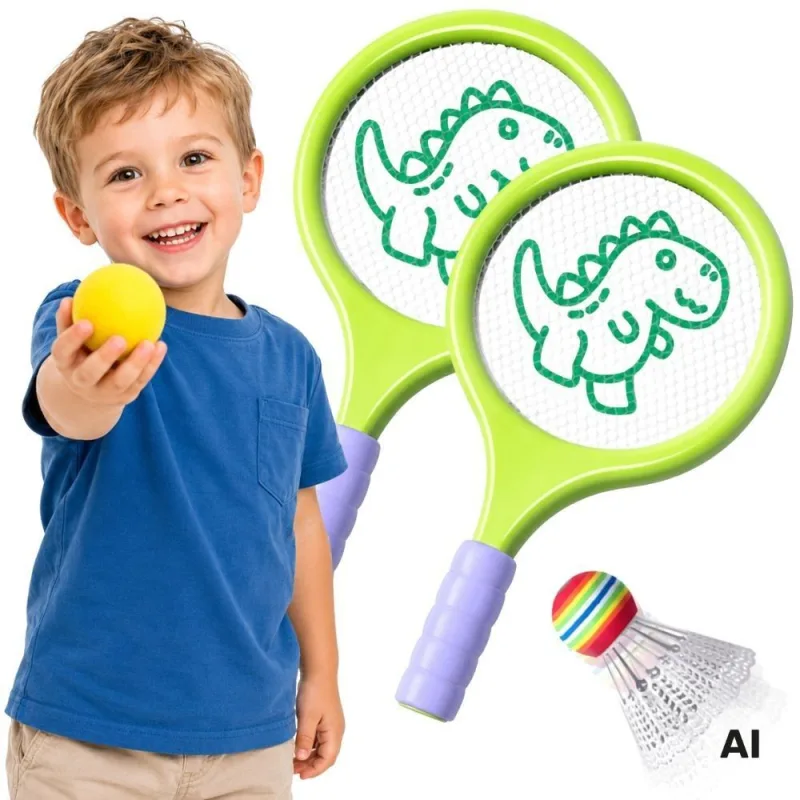 Badmintono ir teniso raketės WOOPIE su putplasčio kamuoliuku ir dinozauro formos plunksnele · 1