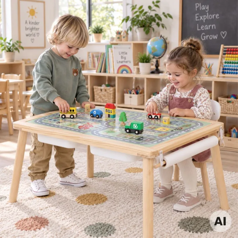 Medinis žaidimų stalas WOOPIE GREEN 4-in-1 su lentele, dėžutėmis, miesto žemėlapiu ir piešimo popieriumi · 2