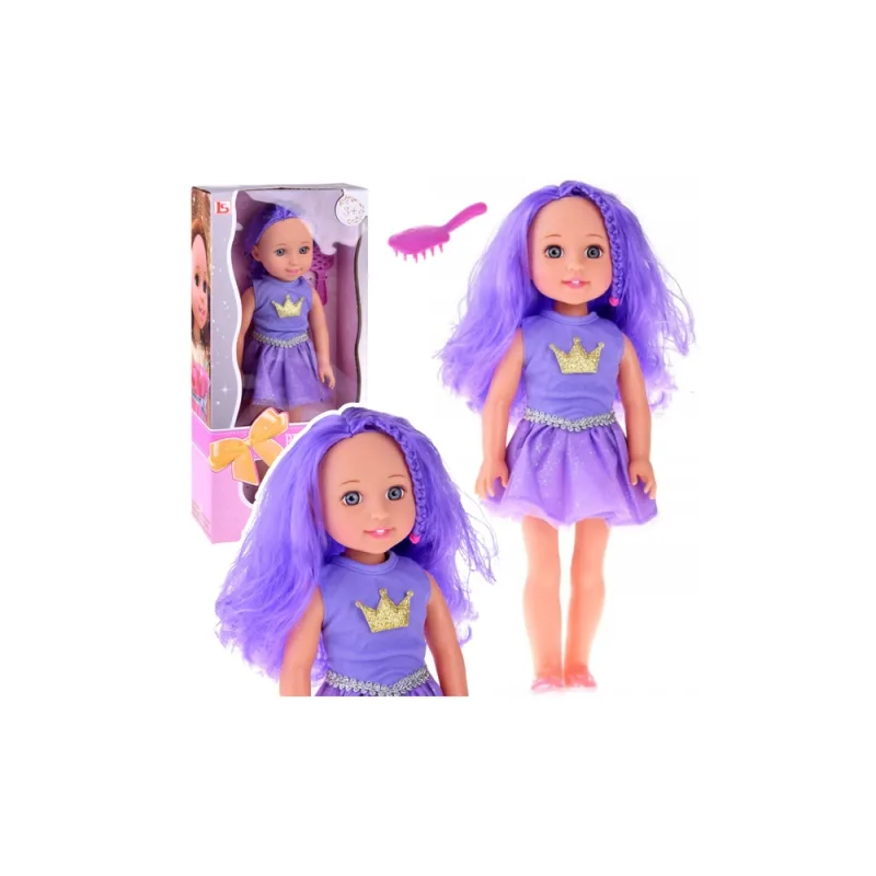 Lėlė su suknele, karūna ir ilgais plaukais, violetinis šepetys 38 cm · 1