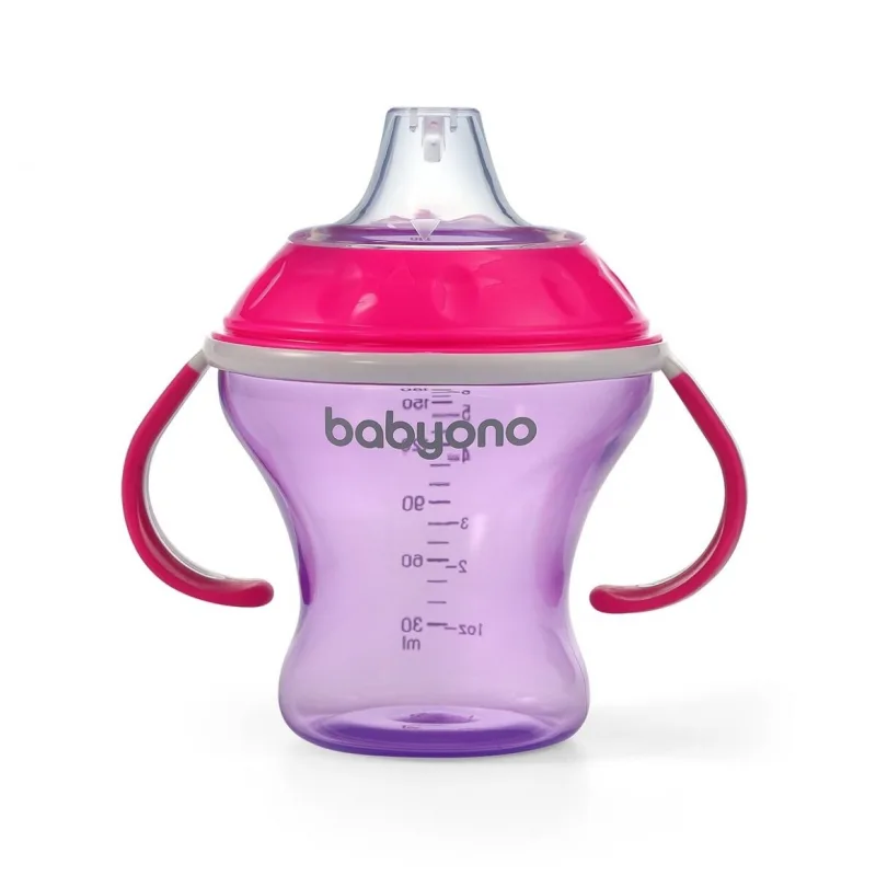 BabyOno neišsiliejantis puodelis minkštu snapeliu NATURAL NURSING rožinis 180 ml · 1