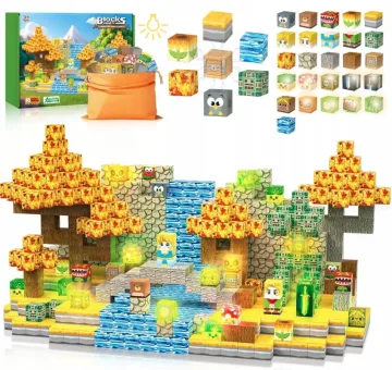 Šviečiančios minecraft magnetinės kaladėlės „Pixel“ – 200 dalių konstruktorius su LED elementais